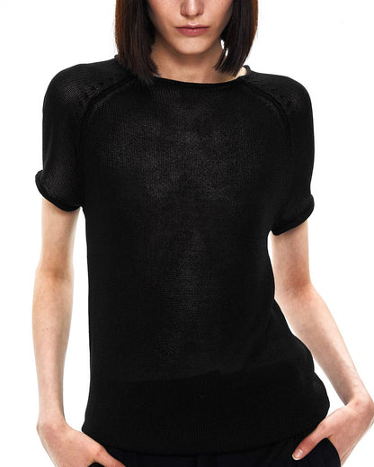 BLACK LINEN ROLLED EDGE TEE
