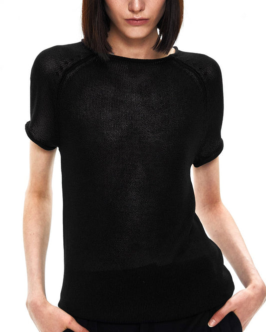 BLACK LINEN ROLLED EDGE TEE