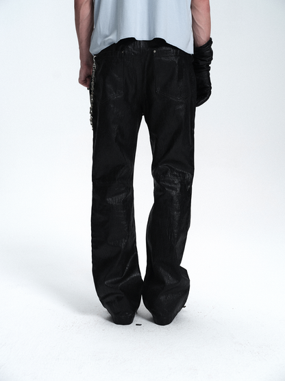 BLACK WAXED CRACKLE BOOTCUT JEANS