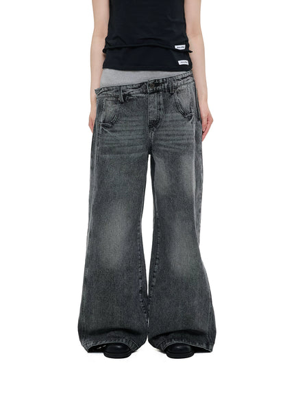 DECONSTRUCTED DOUBLE WAIST WIDE LEG JEANS