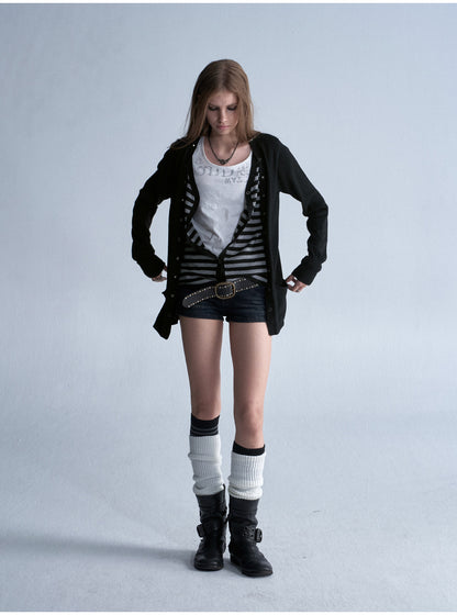 STUDDED STRIPE PUNK KNIT CARDIGAN