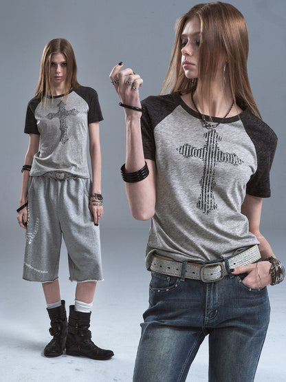 STUDDED CROSS RAGLAN TENCEL TEE