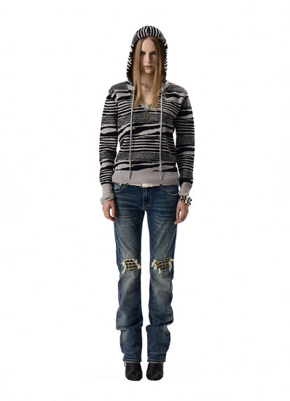 ZEBRA STRIPED V NECK KNIT HOODIE