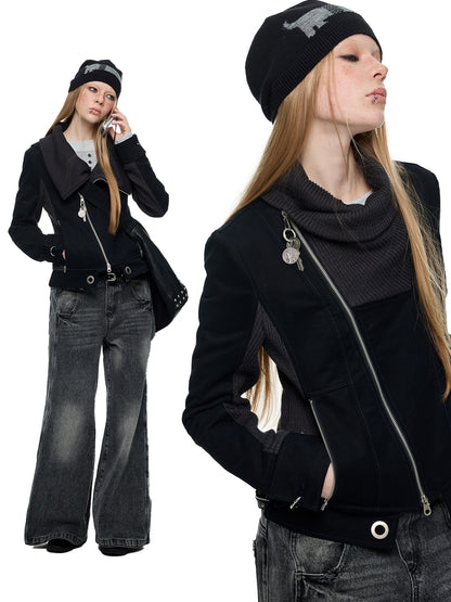 PATCHWORK PILE COLLAR CROPPED JACKET