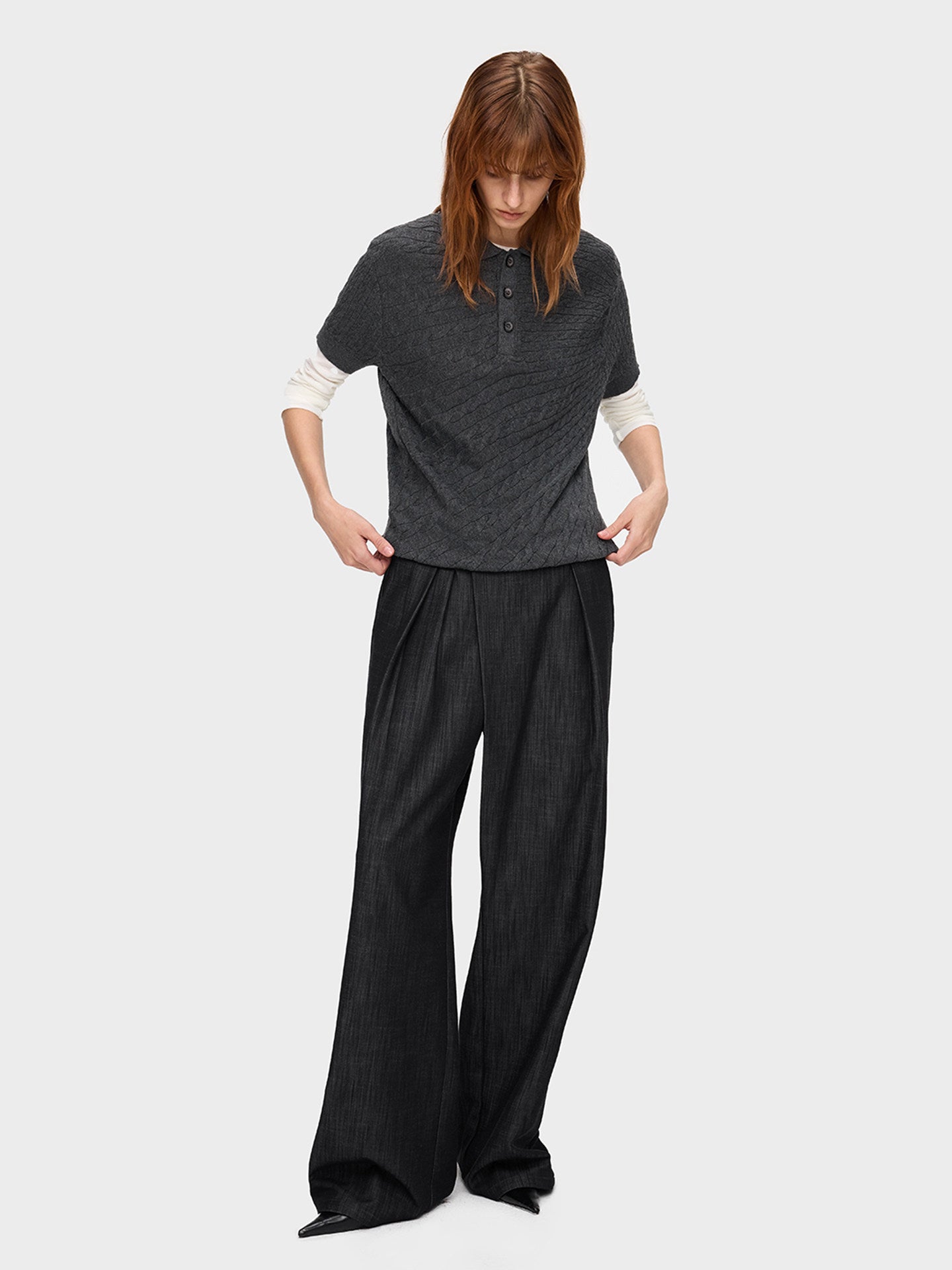 FAUX DENIM LAYERED TAILORED TROUSERS