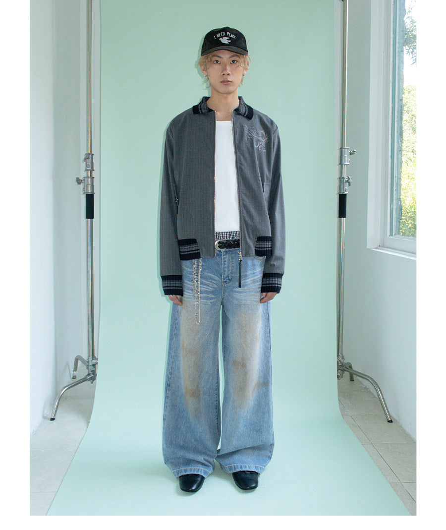 TEXTURED PINSTRIPE DOUBLE ZIP LAPEL CARDIGAN