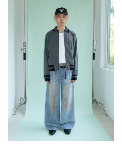 TEXTURED PINSTRIPE DOUBLE ZIP LAPEL CARDIGAN