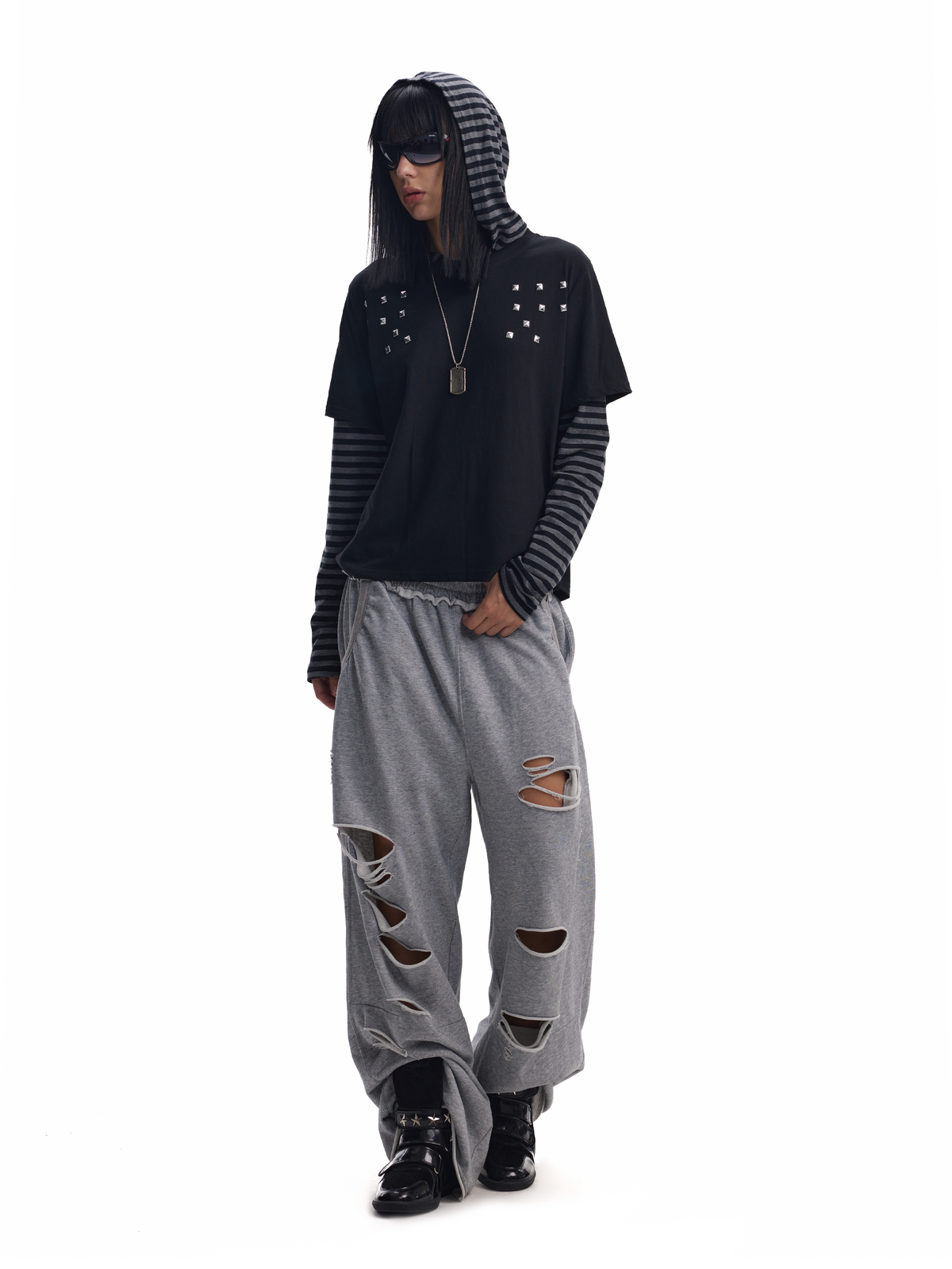 STUD STRIPED FAUX LAYER HOODIE