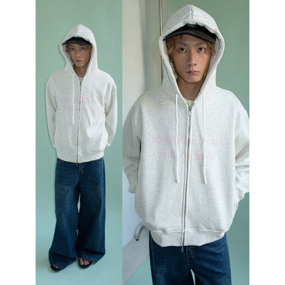 DOUBLE ZIP LOVE SLOGAN HOODED FLEECE JACKET