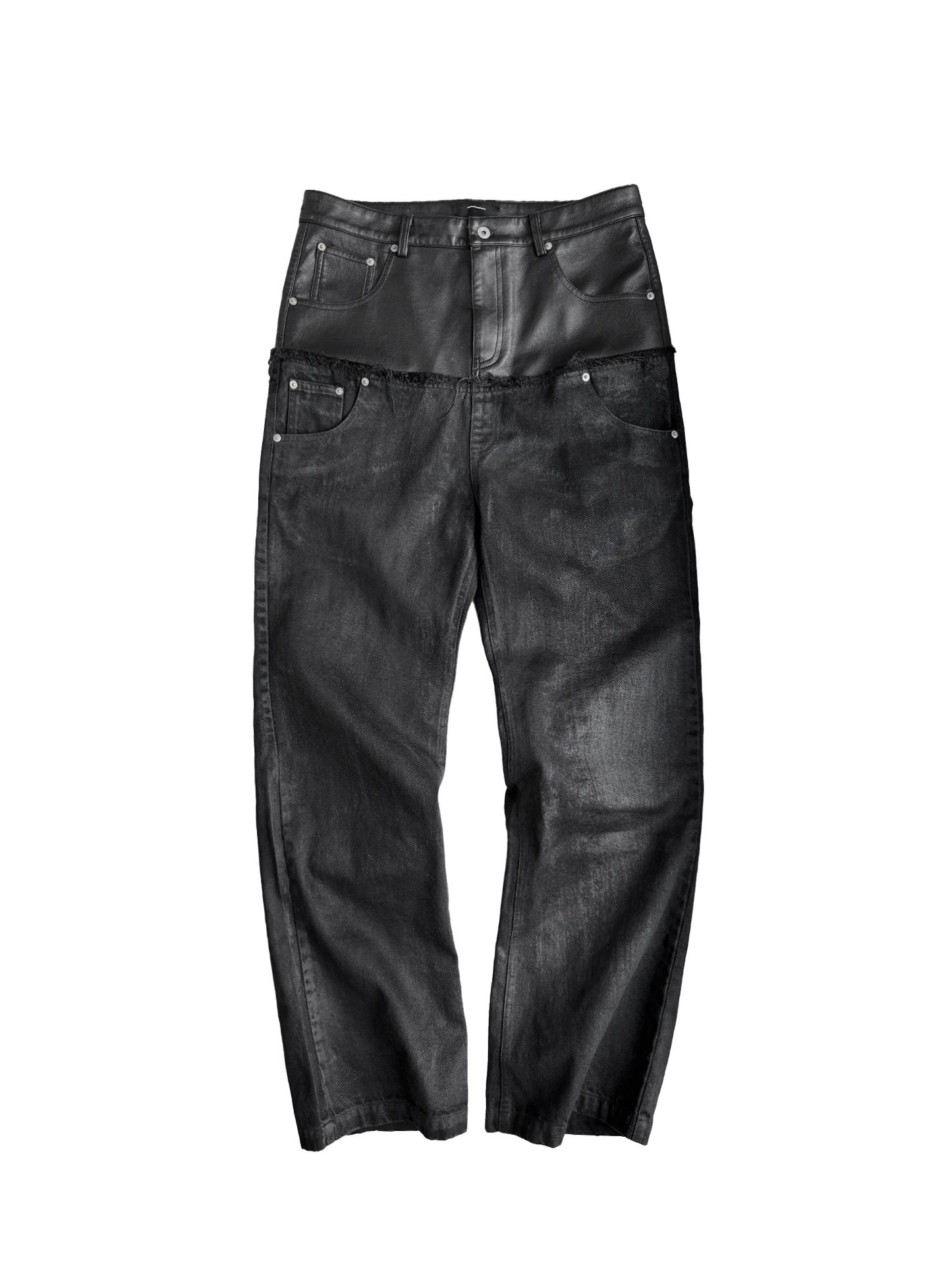 DOUBLE WAIST PU PATCHWORK JEANS