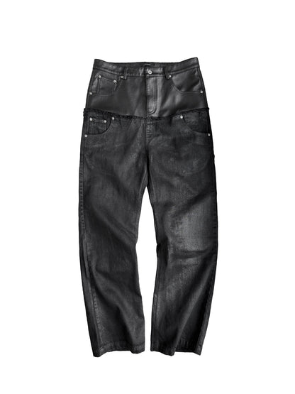 DOUBLE WAIST PU PATCHWORK JEANS