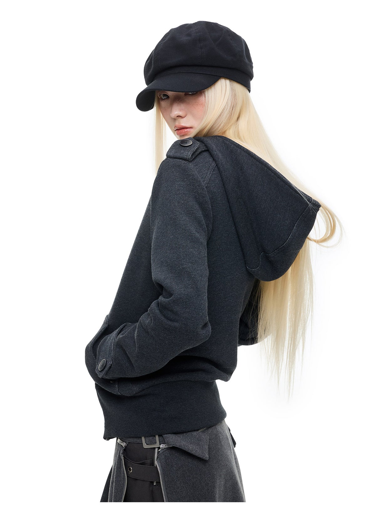 MULTI-BUTTON HOODED CROPPED UTILITY JACKET