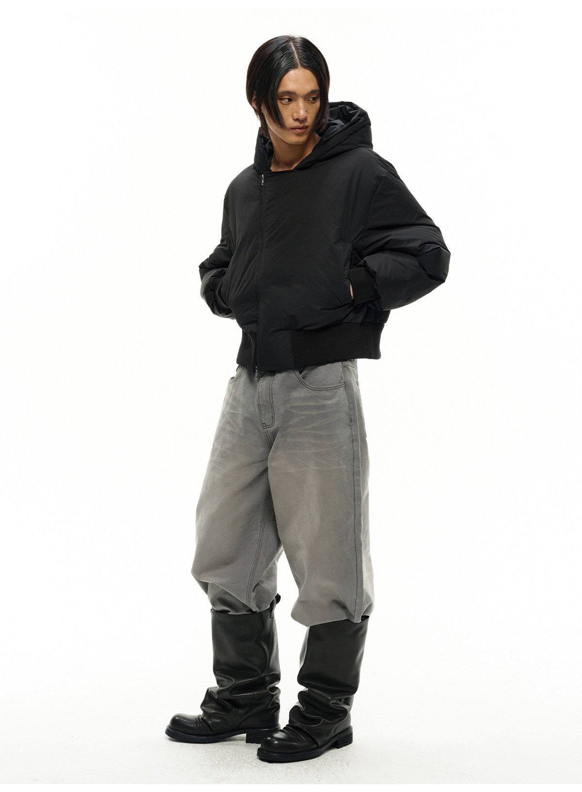 FLEECE GALL FABRIC CROPPED DOWN JACKET