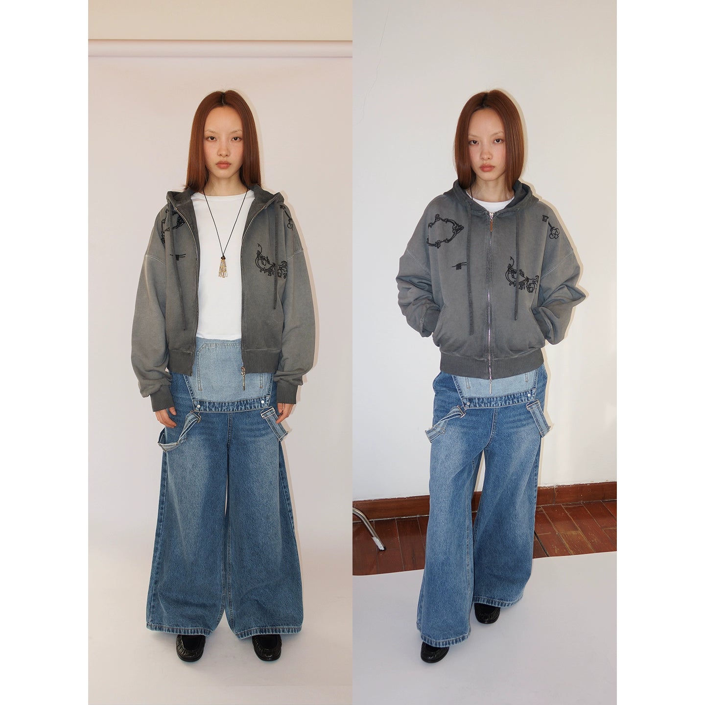 WASHED STUDDED DOUBLE ZIP HOODIE