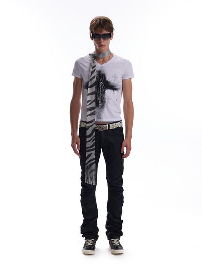 RHINESTONE FOIL V NECK TOP