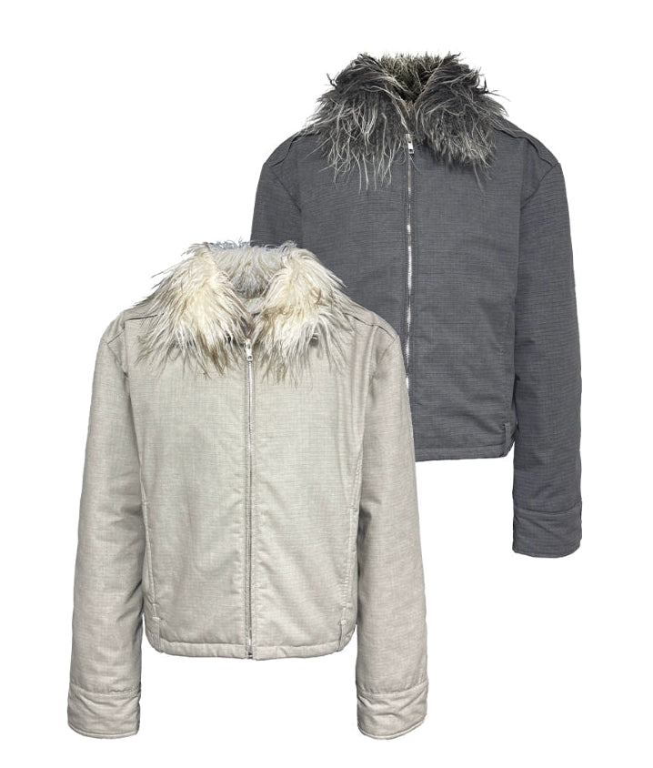 DETACHABLE FUR COLLAR DISTRESSED JACKET