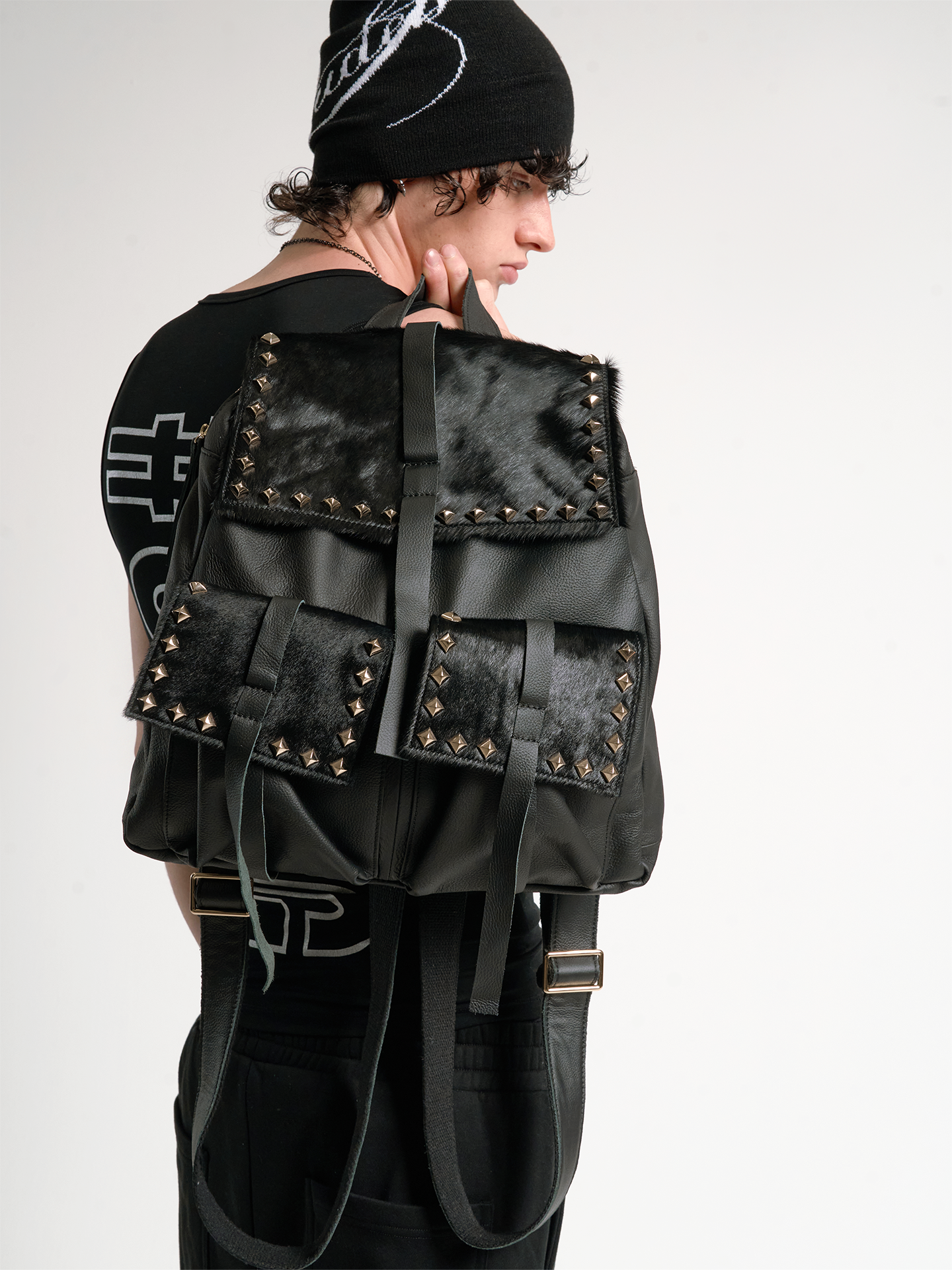 STUDDED HORSEHAIR LEATHER BACKPACK