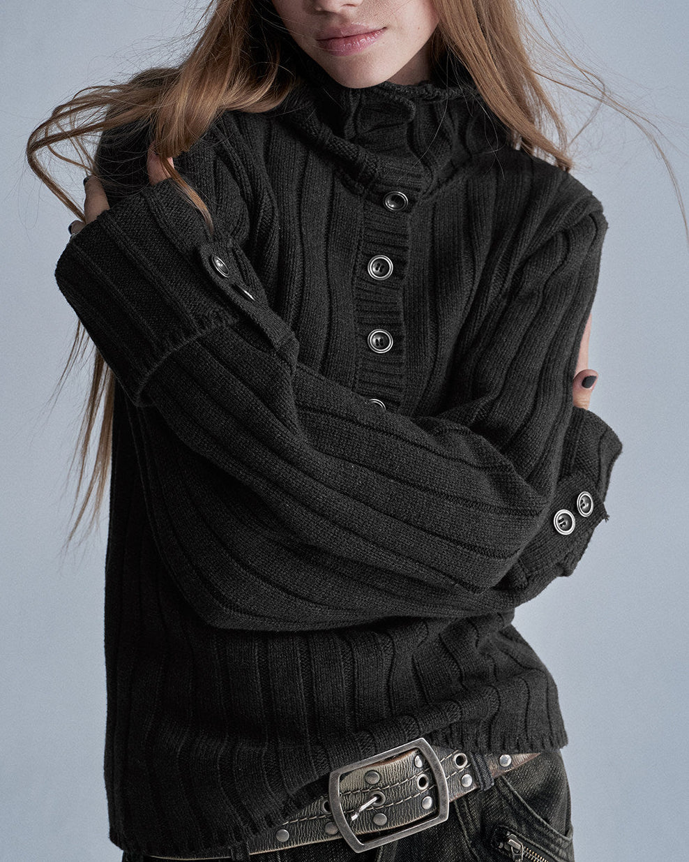 RIBBED STACKED HIGH NECK SWEATER