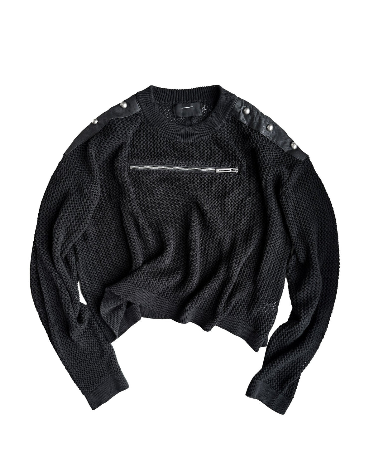 RIVETED ZIP LEATHER KNIT PULLOVER