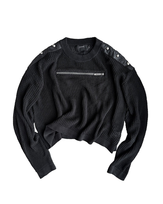 RIVETED ZIP LEATHER KNIT PULLOVER