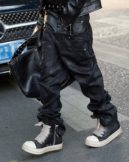 DOUBLE WAIST PU PATCHWORK JEANS