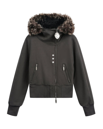 HEAVY FLEECE FUR COLLAR HOODIE