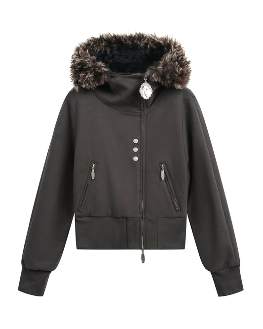 HEAVY FLEECE FUR COLLAR HOODIE