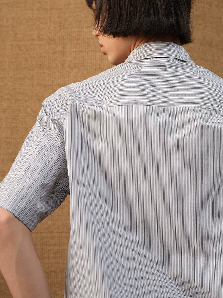 CURVED HEM STRIPED SHORT SHIRT