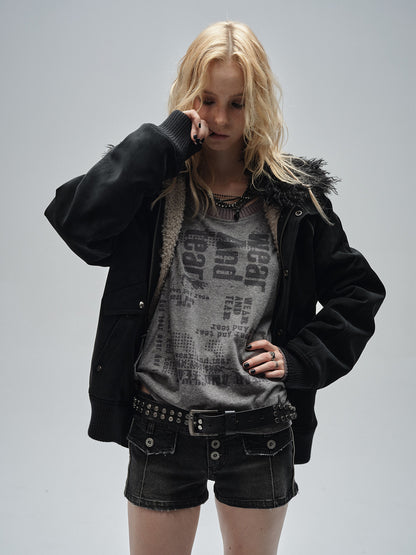 LAMB FUR WOOL-COLLAR PLUSH JACKET