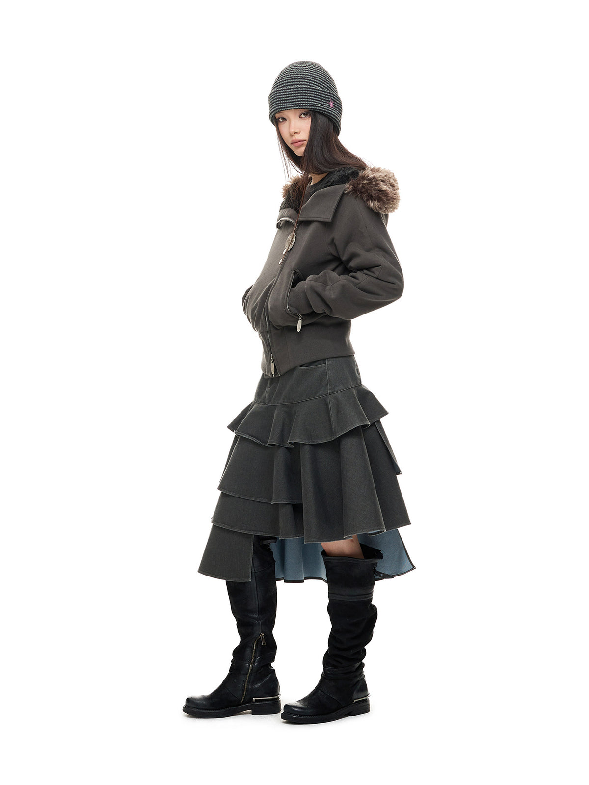 HEAVY FLEECE FUR COLLAR HOODIE