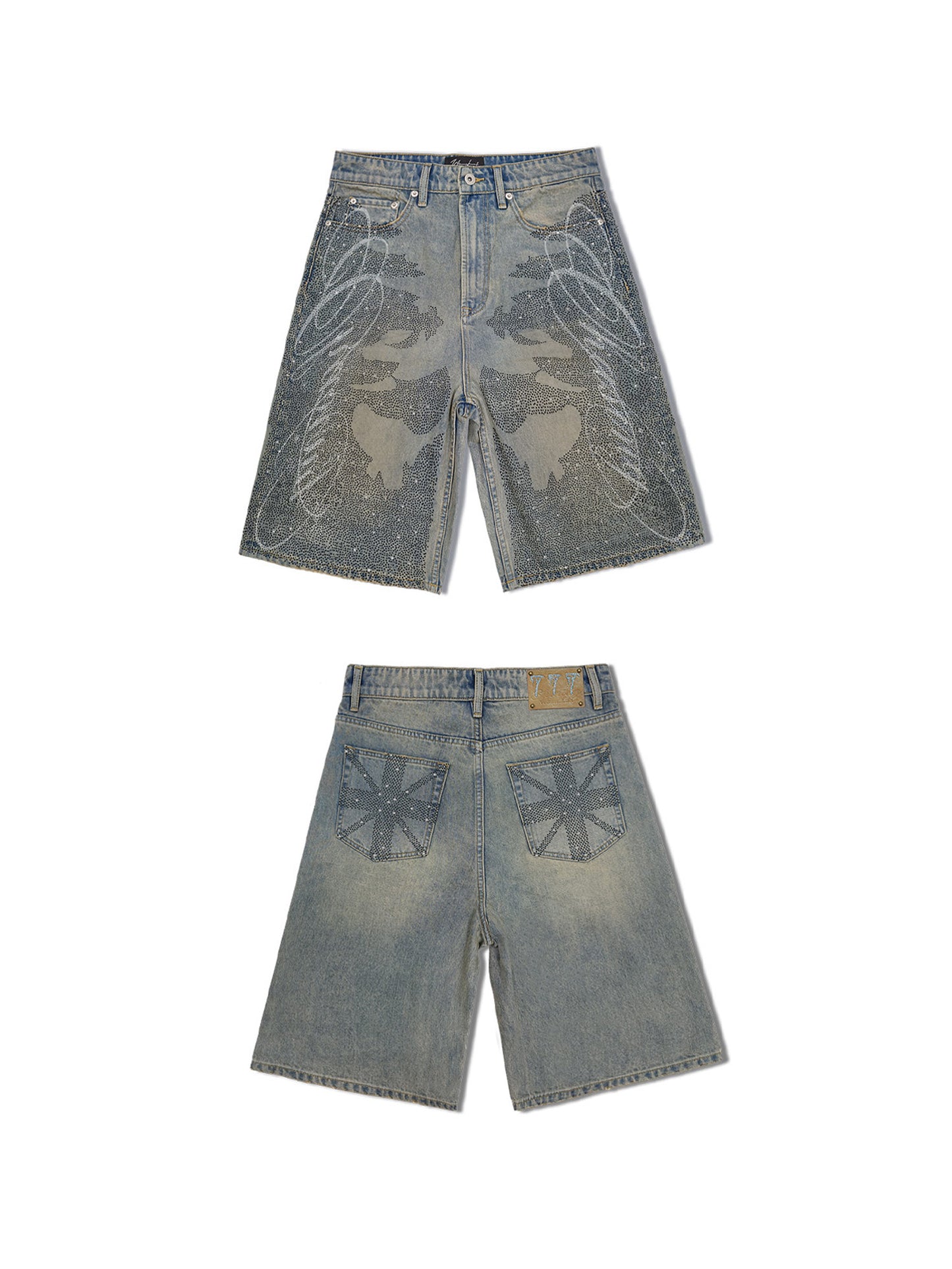 RHINESTONE LETTERING DENIM SHORTS