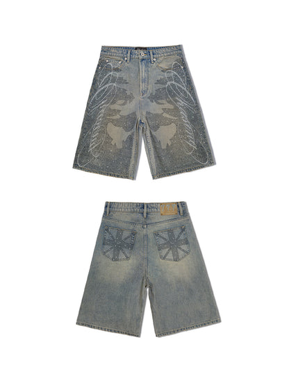 RHINESTONE LETTERING DENIM SHORTS