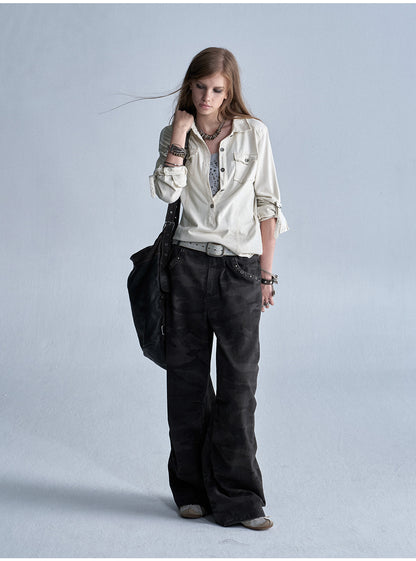 WASHED BUCKLE SLEEVE KNIT SHIRT
