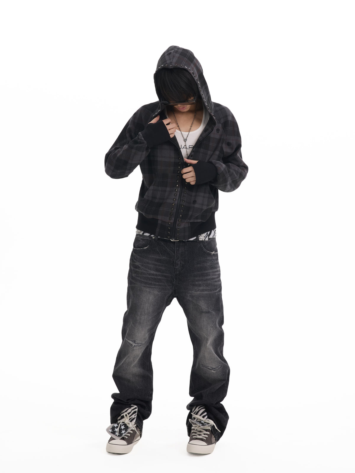 PLAID RIVET HOODED SWEATSHIRT