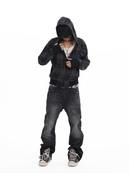 PLAID RIVET HOODED SWEATSHIRT