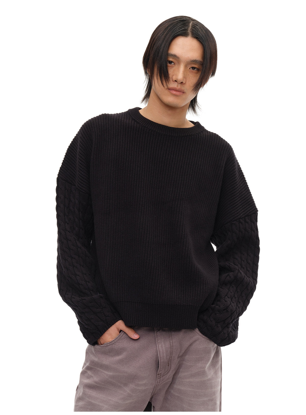 CABLE SLEEVE HEAVYWEIGHT COTTON SWEATER