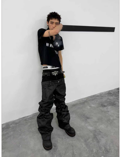 CRACKED COATING DOUBLE WAIST JEANS