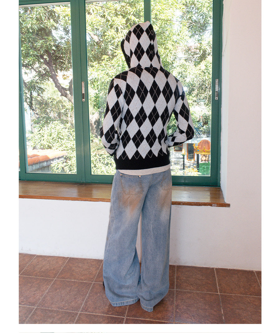 DIAMOND DOUBLE ZIP HOODED KNIT COAT