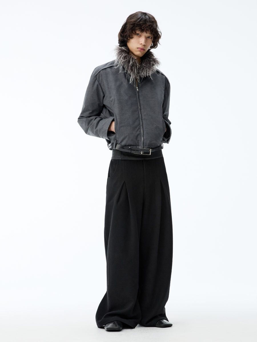 DETACHABLE FUR COLLAR DISTRESSED JACKET