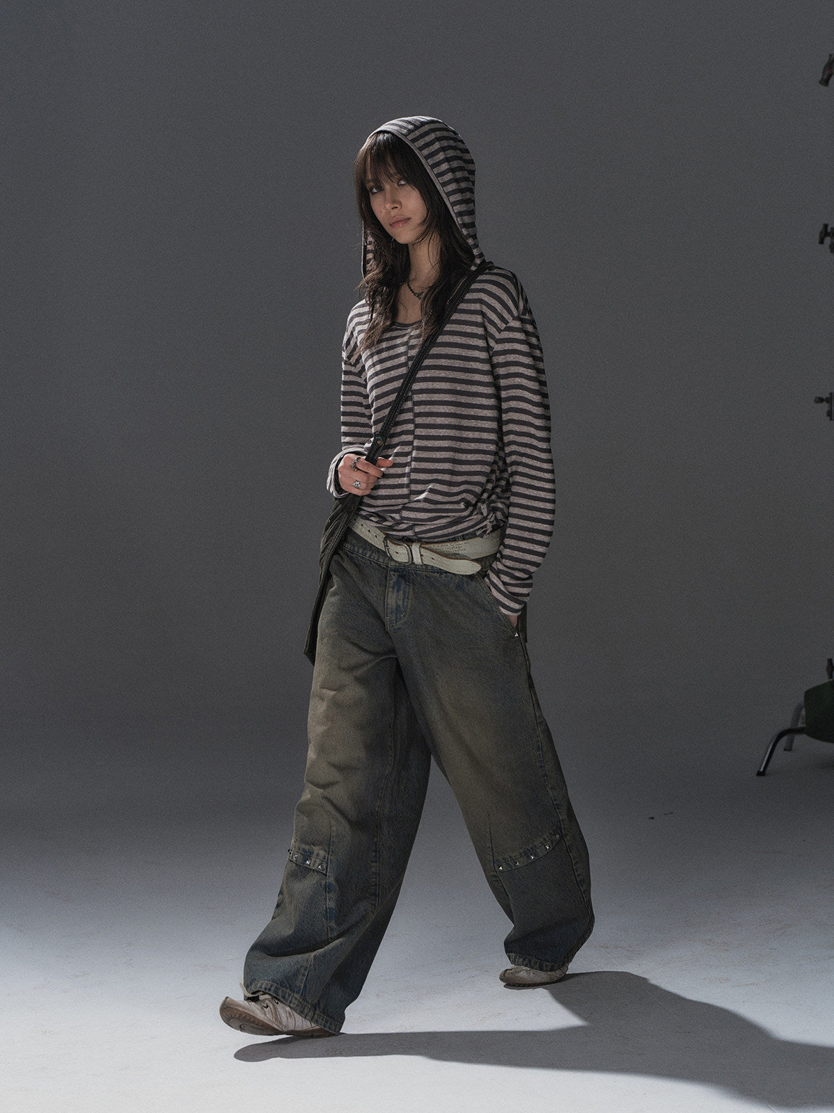 STRIPED HOODED TIE HEM TOP