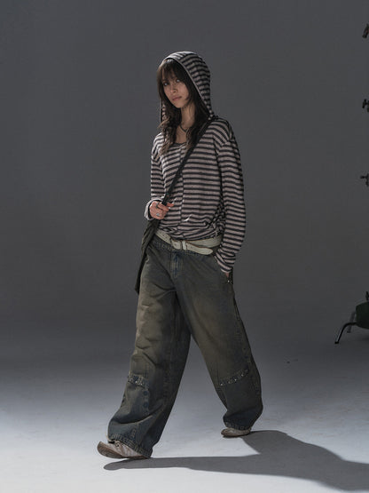 STRIPED HOODED TIE HEM TOP
