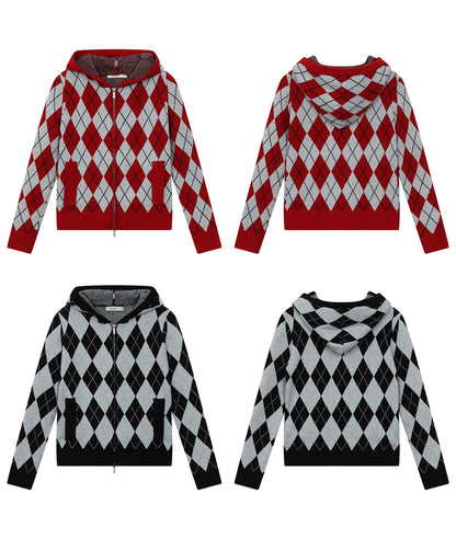 DIAMOND DOUBLE ZIP HOODED KNIT COAT