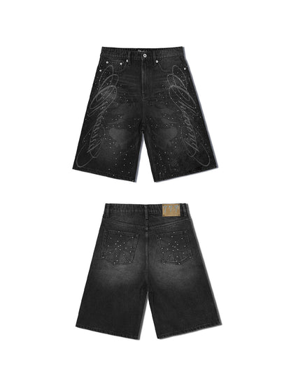 RHINESTONE LETTERING DENIM SHORTS
