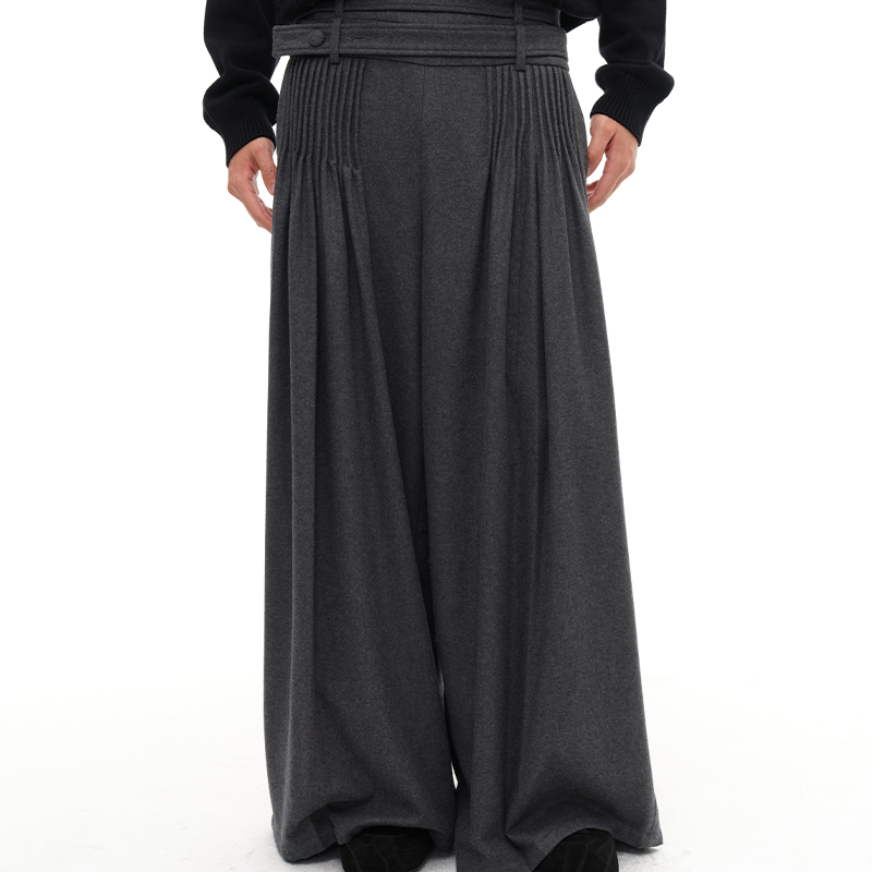 DOUBLE BELT WOOL TOOTHPICK TROUSERS