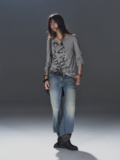SILVER DISTRESSED V NECK TEE