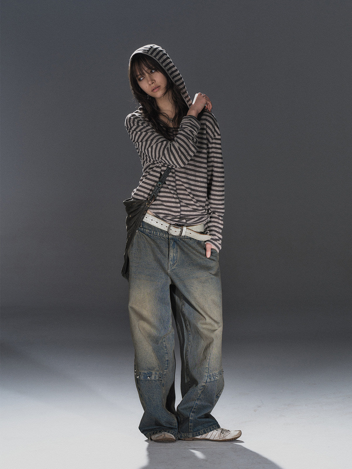 STRIPED HOODED TIE HEM TOP