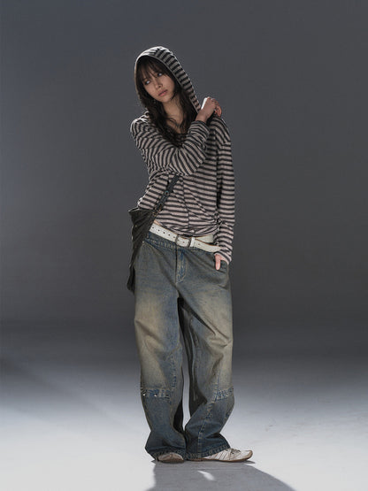 STRIPED HOODED TIE HEM TOP