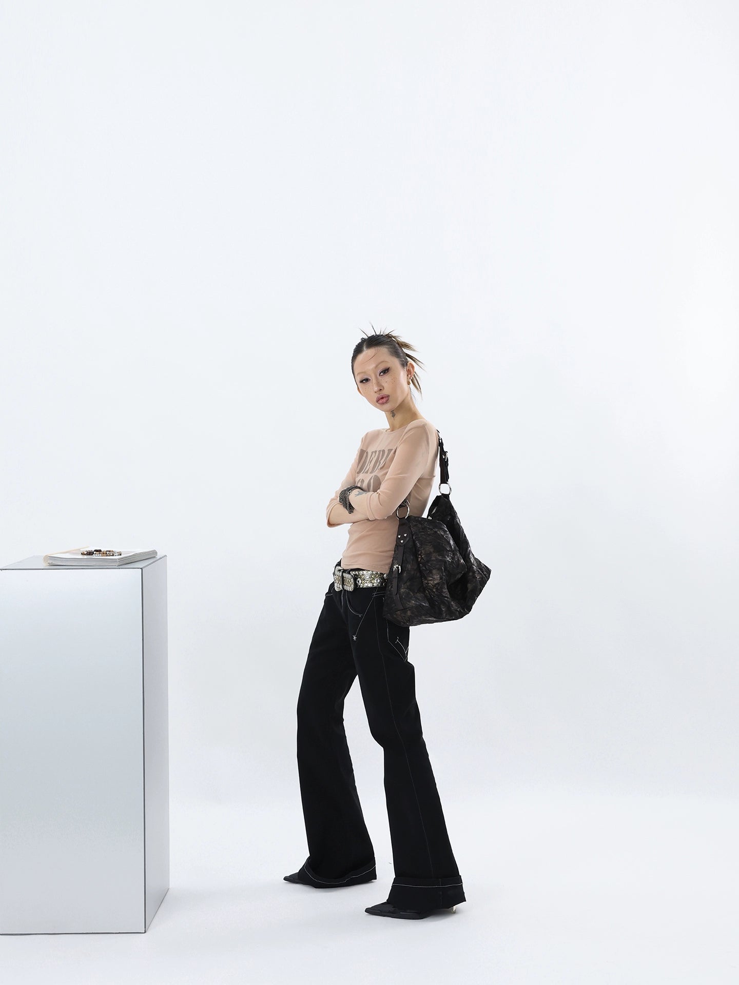 PLEATED MICROFIBER GRUNGE SHOULDER BAG