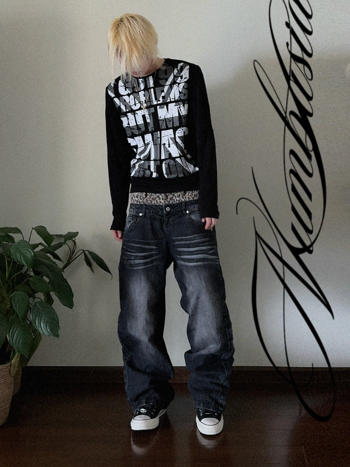 DOUBLE WAIST LEOPARD DENIM