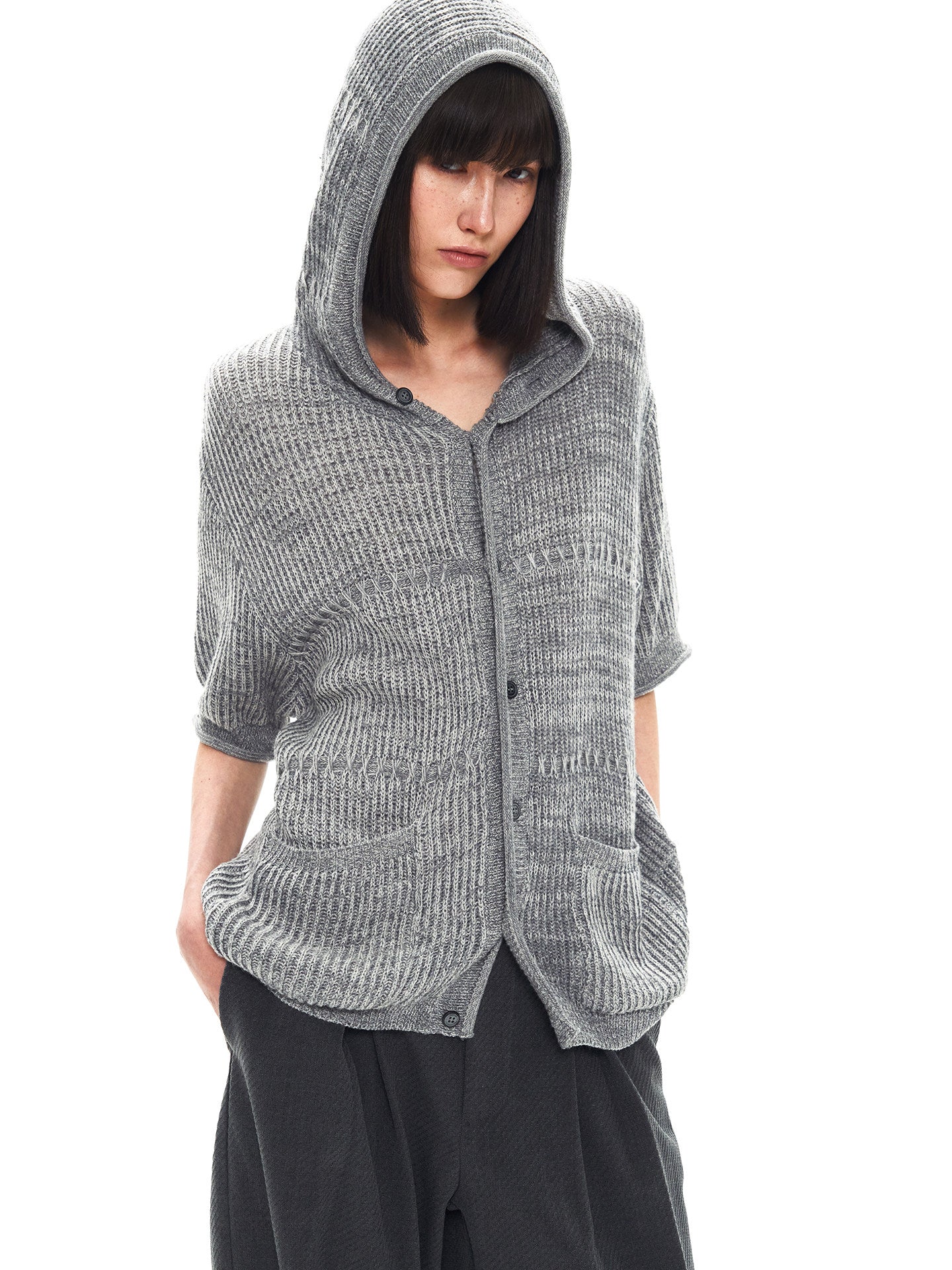 ASH GREY JACQUARD HOODED CARDIGAN
